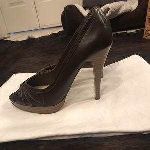 Faux Leather Peep Toe Pumps, Size 8, Brown